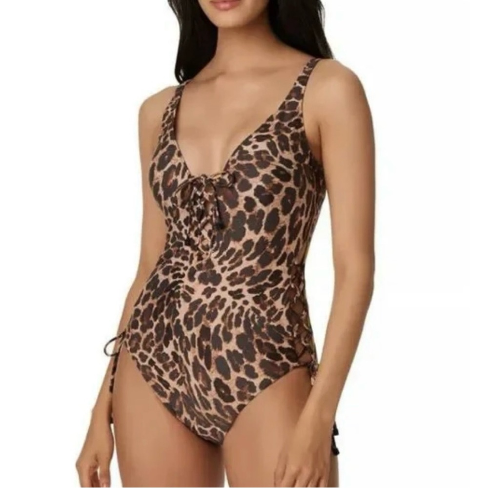 Bar III Beach Cheetah Lace-Up One-Piece Swimsuit - Picture 1 of 8